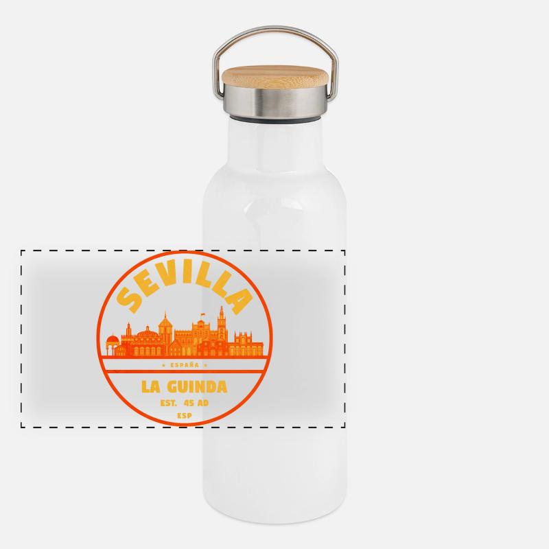 Sevilla Skyline Emblem Panorama Thermosflasche mit Bambusdeckel