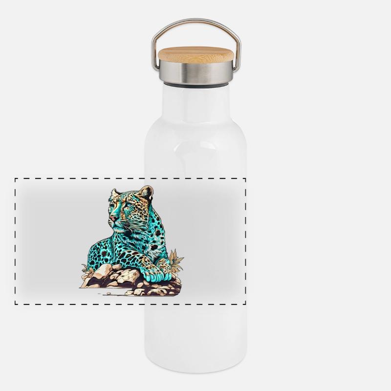 Leopard auf Lauer Panorama Thermosflasche mit Bambusdeckel
