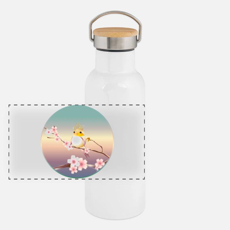 Canary with crown on cherry blossom branch Panoramic Thermal Bottle with Bamboo Lid