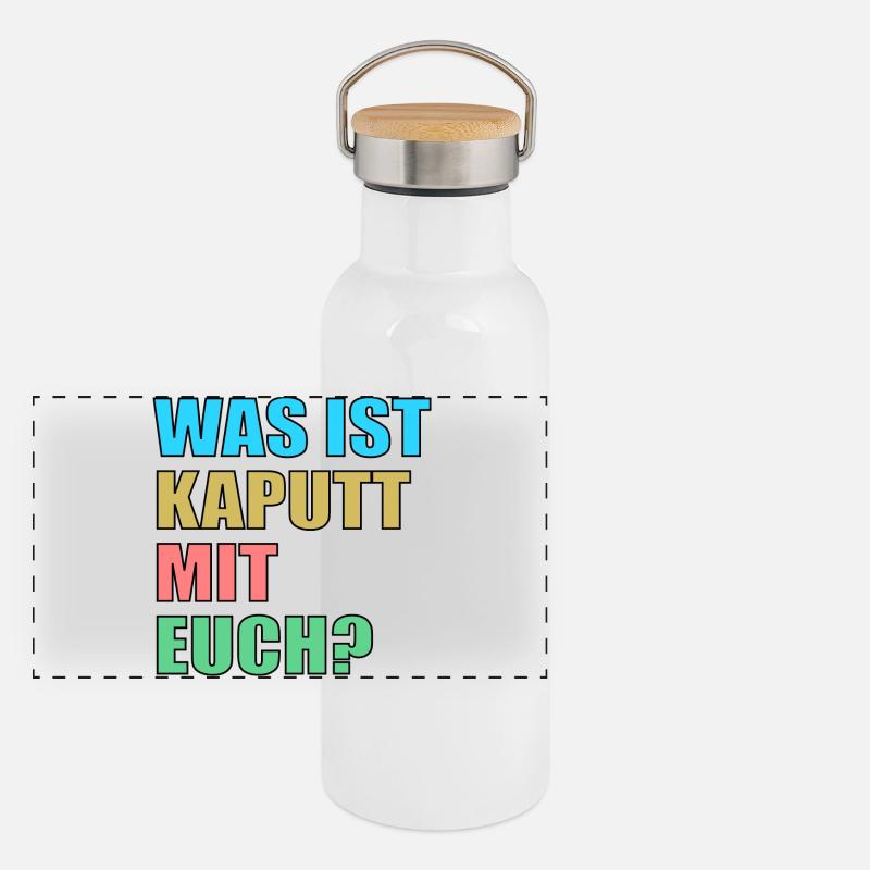 Was ist kaputt mit Euch - Sprüche lustig Panorama Thermosflasche mit Bambusdeckel