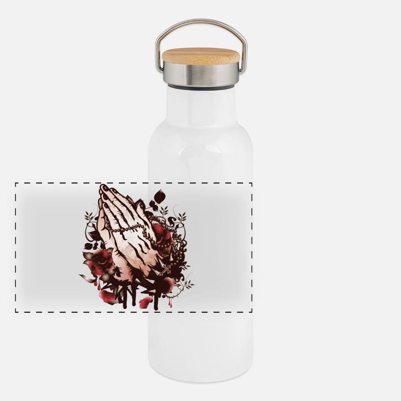 two hands praying with rosary and roses Panoramic Thermal Bottle with Bamboo Lid
