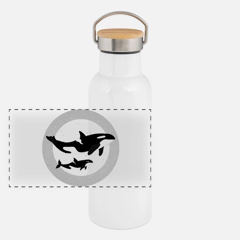 Wal und Orca Illustration Panorama Thermosflasche mit Bambusdeckel