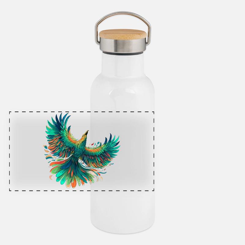 Lebendiges Phönix-Federflugdesign Panorama Thermosflasche mit Bambusdeckel