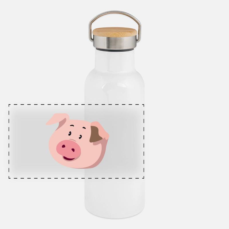 Schweinchen-Kopf – niedliche Tier Illustration - Panorama Thermosflasche mit Bambusdeckel - Weiß