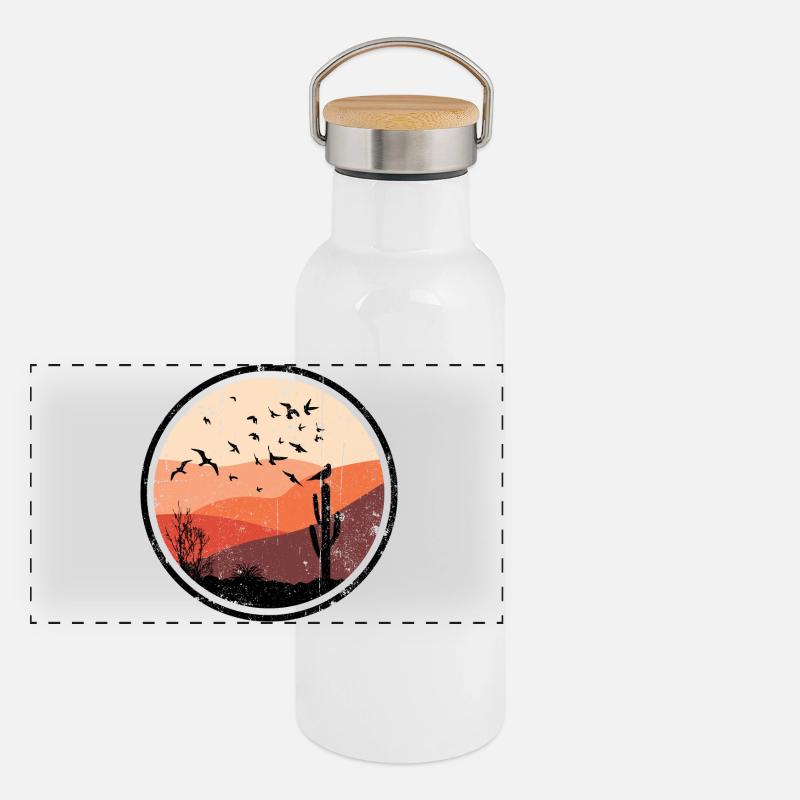 Désert Coucher De Soleil Oiseaux Silhouette Gourde isotherme avec bouchon en bambou