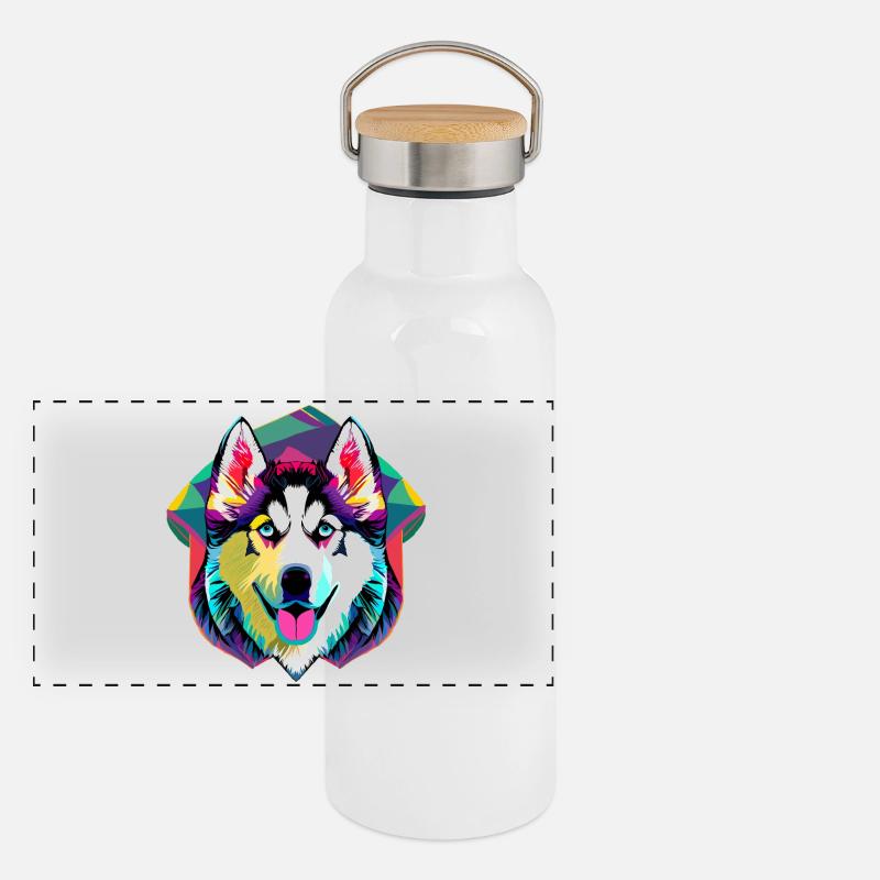Farbenfroher Husky  Panorama Thermosflasche mit Bambusdeckel