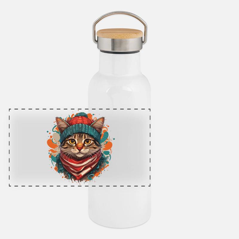 A cute cat wearing a thick scarf and a hat Panorama Thermosflasche mit Bambusdeckel