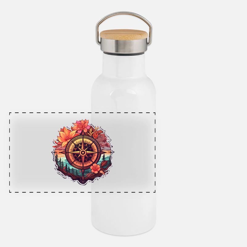 Beautiful Boho Compass with Flowers and Trees Panoramic Thermal Bottle with Bamboo Lid