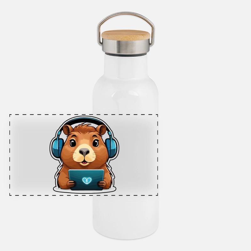 Capybara mit Computer Panorama Thermosflasche mit Bambusdeckel