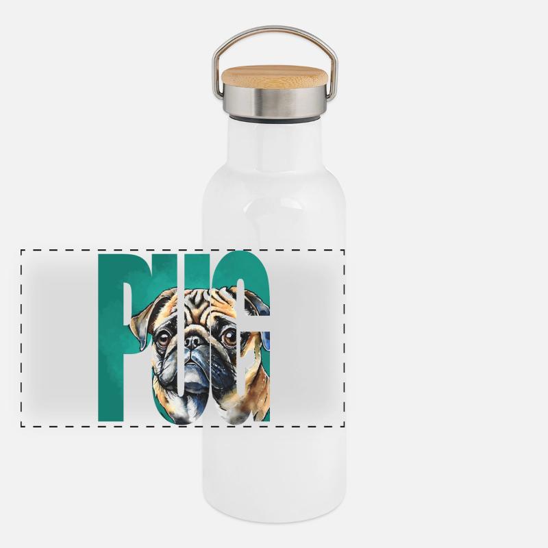 Mops Portrait Panorama Thermosflasche mit Bambusdeckel