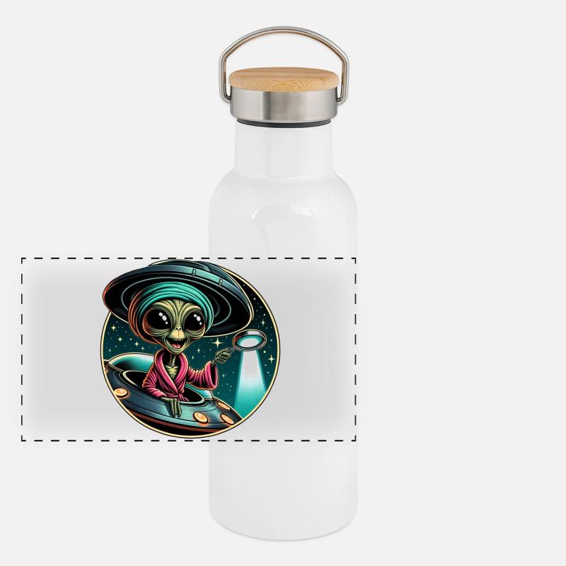 Außerirdischer Detektiv im UFO-Licht Panorama Thermosflasche mit Bambusdeckel