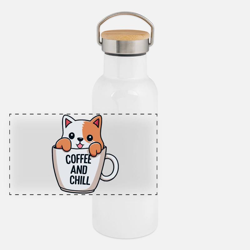 Süße Katze im Kaffeebecher-Design Panorama Thermosflasche mit Bambusdeckel