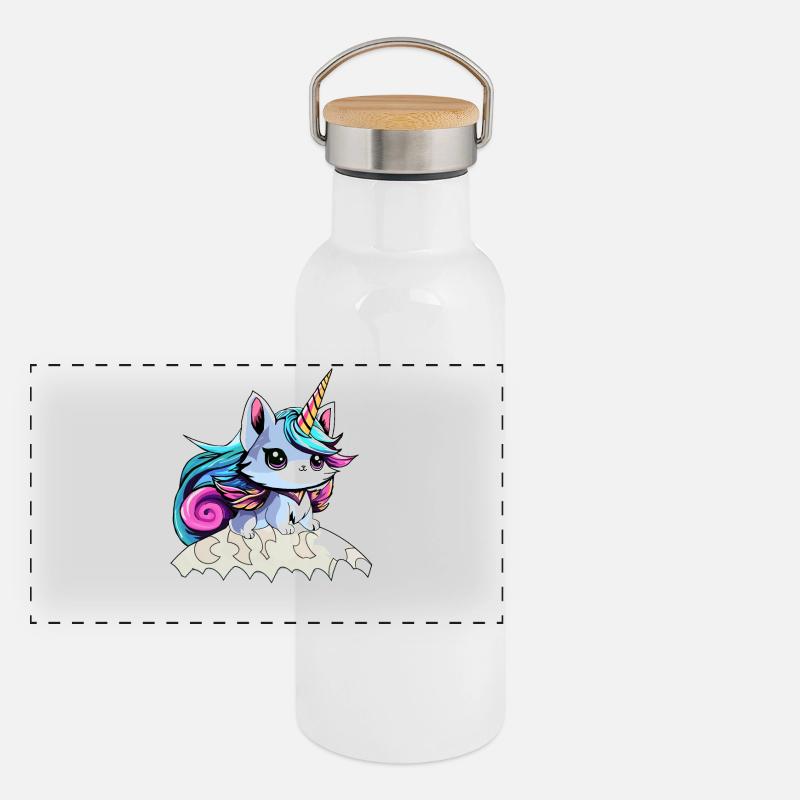 Fee Einhorn Katze Panorama Thermosflasche mit Bambusdeckel