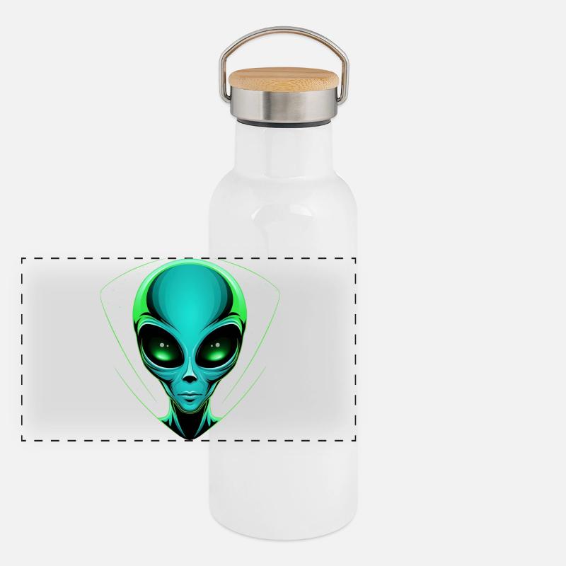 Green Alien Head – Alien UFO Outer Space Panoramic Thermal Bottle with Bamboo Lid