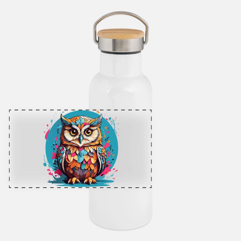 Liebenswerte Eule auf Farbklecksen Panorama Thermosflasche mit Bambusdeckel