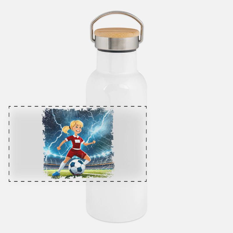 Stade de personnage de dessin animé de footballeuse avec des éclairs Gourde isotherme avec bouchon en bambou