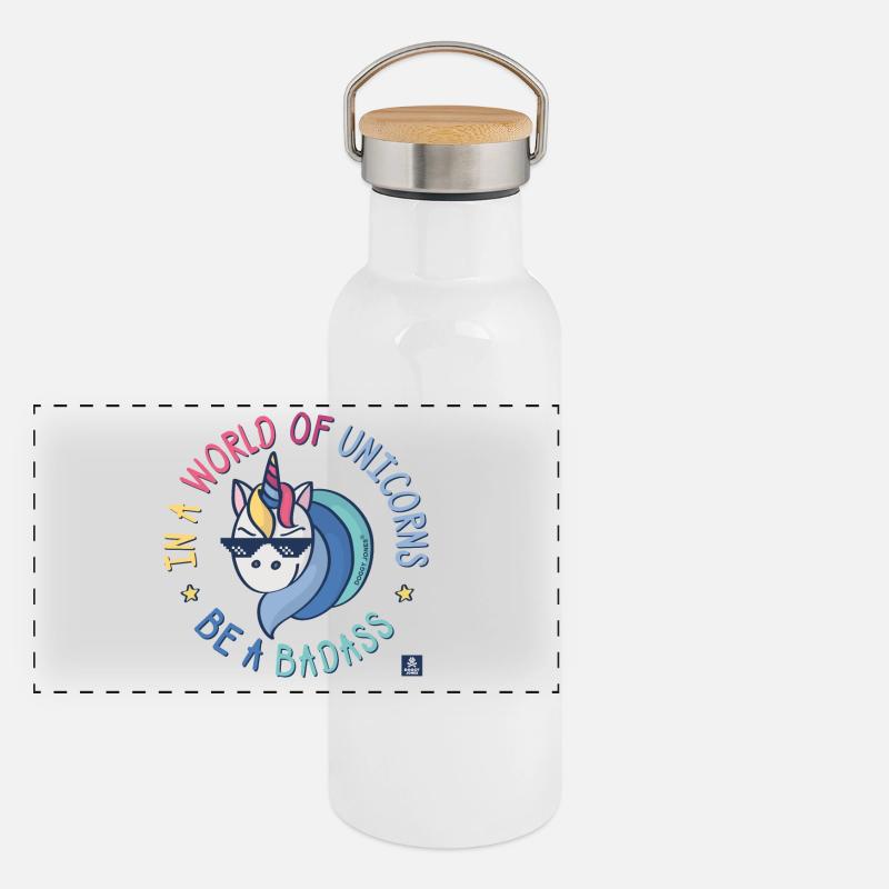 Badass-Einhorn Panorama Thermosflasche mit Bambusdeckel