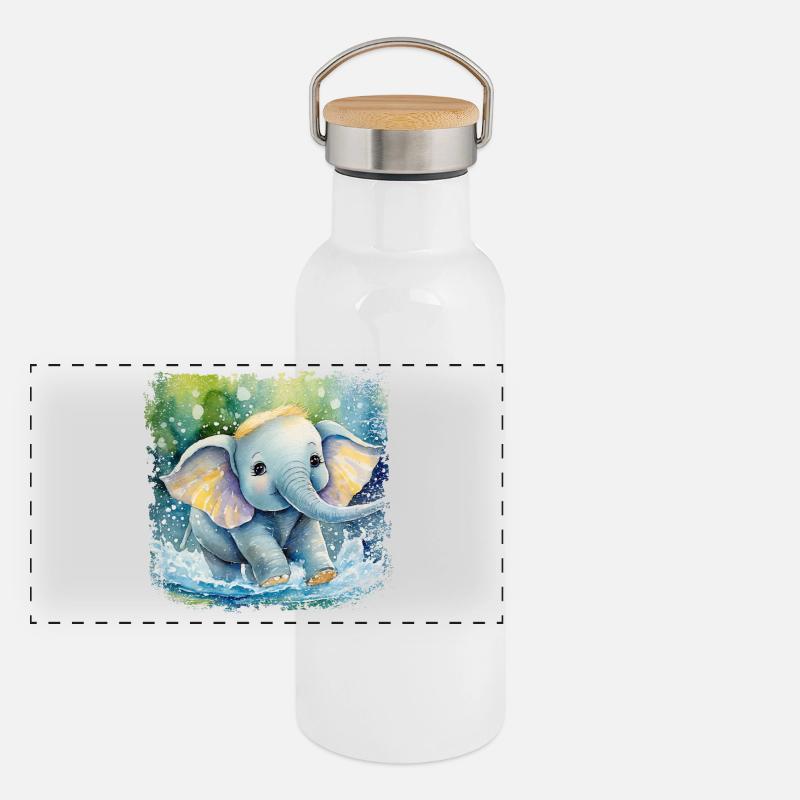 Mignon bébé éléphant jouant dans l’eau Gourde isotherme avec bouchon en bambou
