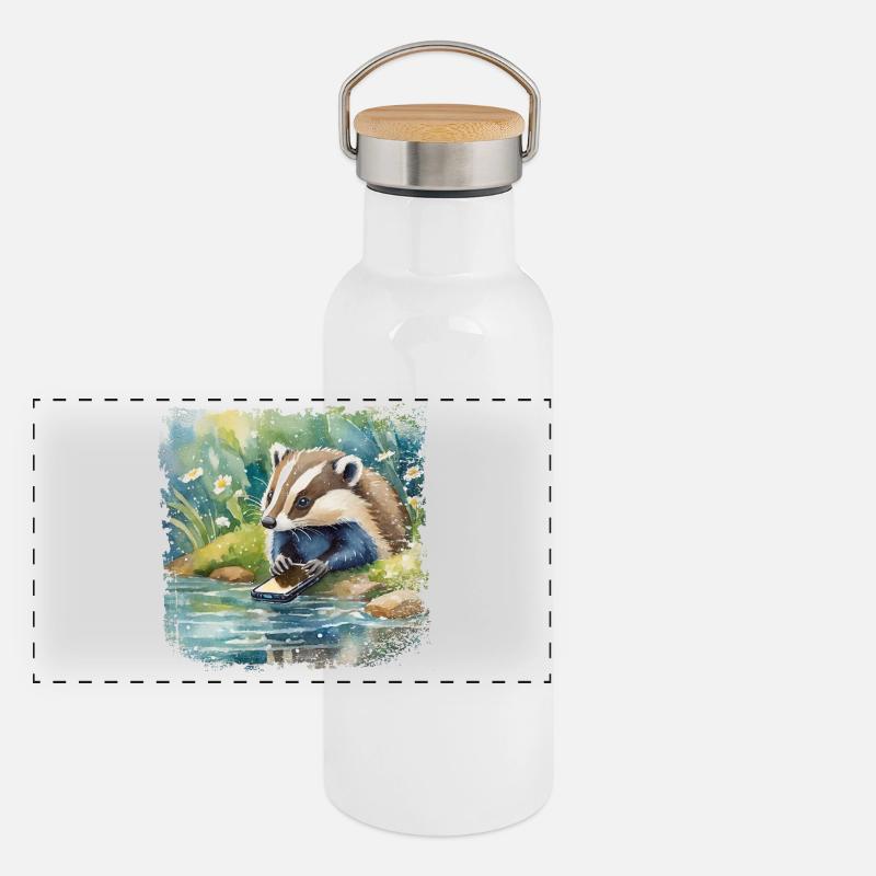 Niedlicher junger Dachs mit Handy, Kinderbuchstil Panorama Thermosflasche mit Bambusdeckel