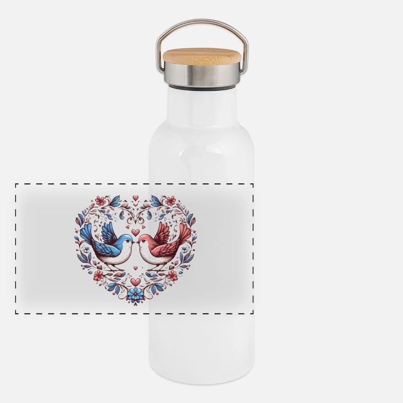 Herz der Tauben im Blumenkranz Panorama Thermosflasche mit Bambusdeckel