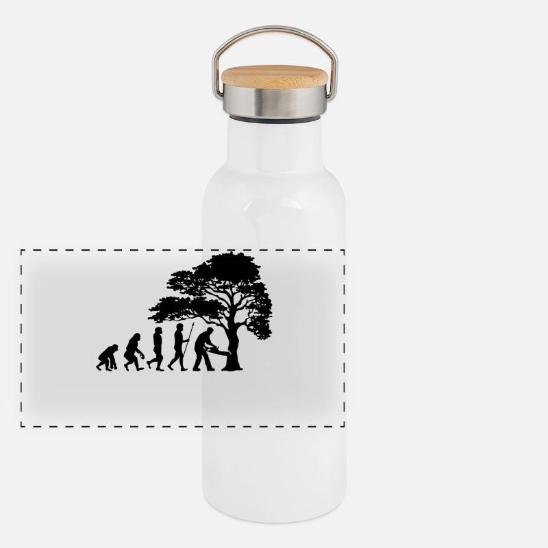 Holzfäller Baum Evolution Säge Sägespäne Panorama Thermosflasche mit Bambusdeckel