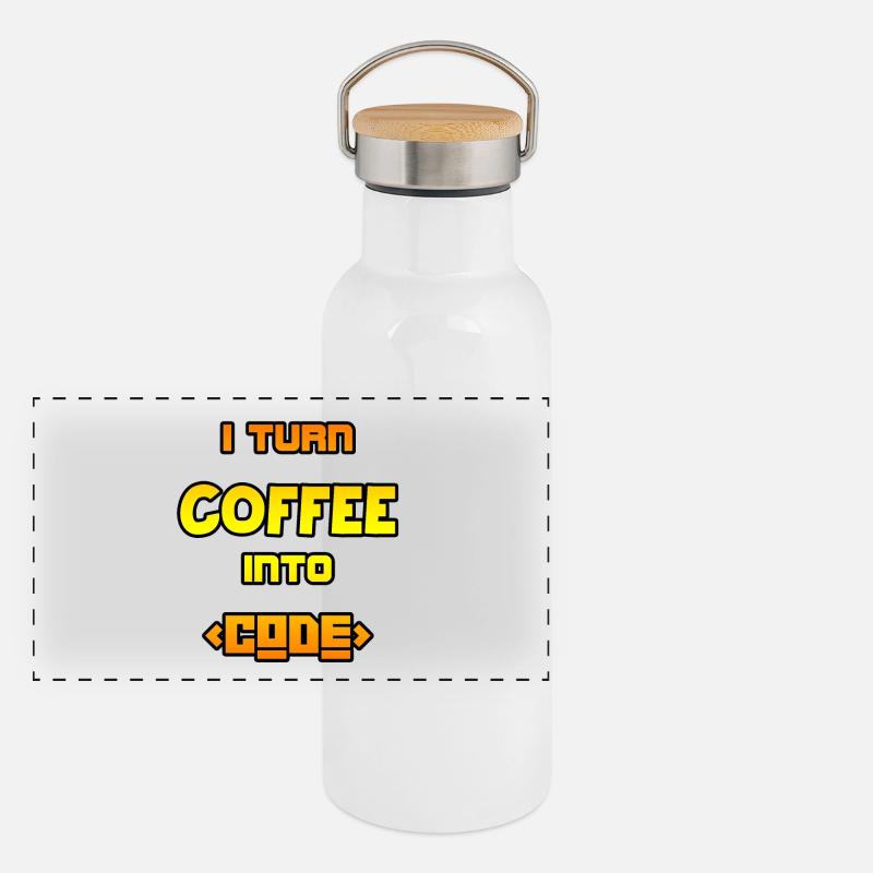 Ich verwandle Kaffee in Code Panorama Thermosflasche mit Bambusdeckel