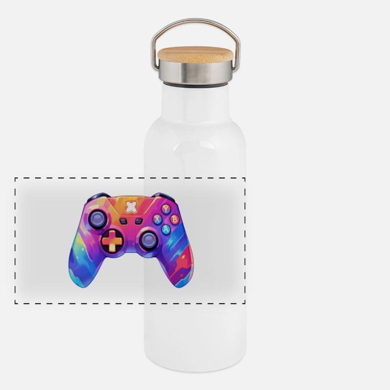 Pixel-Art-Videospiel-Controller Panorama Thermosflasche mit Bambusdeckel