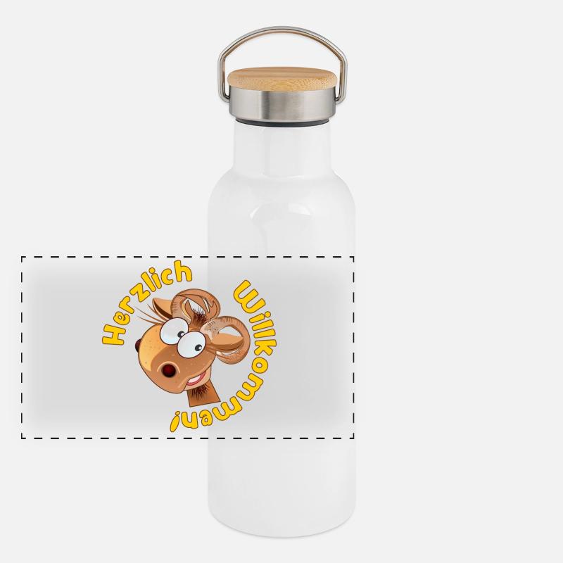 Herzlich Willkommen - Widder Schafe Panorama Thermosflasche mit Bambusdeckel