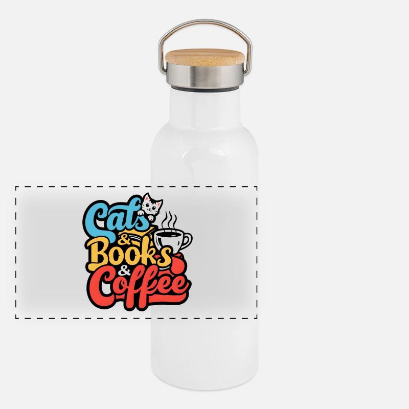 Liebe Katze Kätzchen Kaffee Bücher Koffie Boeken Panorama Thermosflasche mit Bambusdeckel