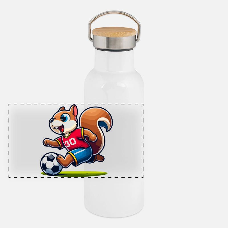Scamper Striker: Das Fußball-Eichhörnchen Panorama Thermosflasche mit Bambusdeckel