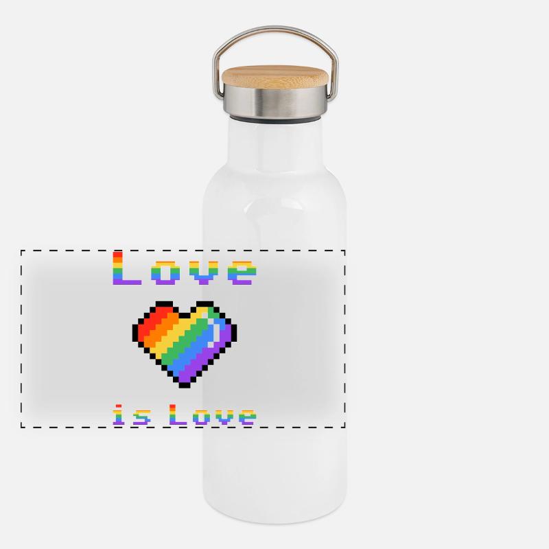 Pixelherz Regenbogen Liebe Panorama Thermosflasche mit Bambusdeckel