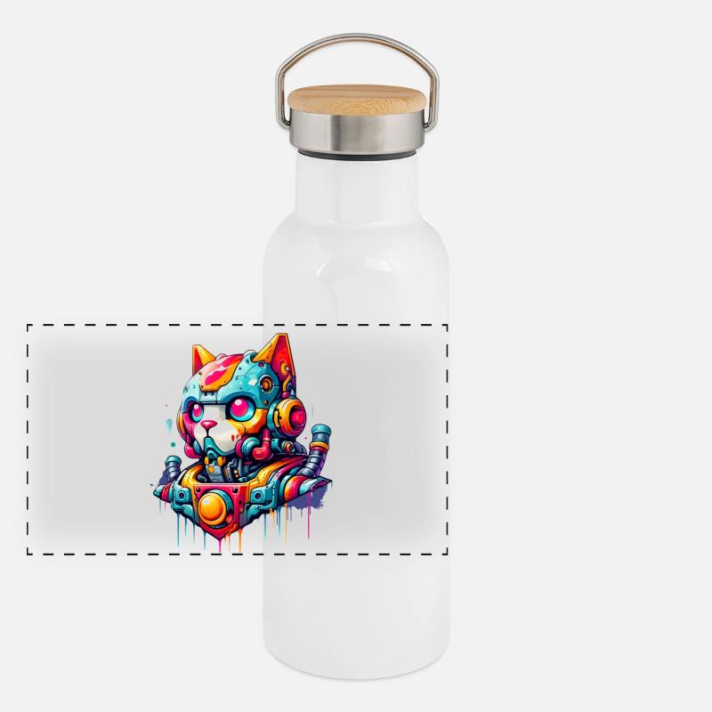 Katze gestaltet als Roboter im Comic Graffiti Stil Panorama Thermosflasche mit Bambusdeckel