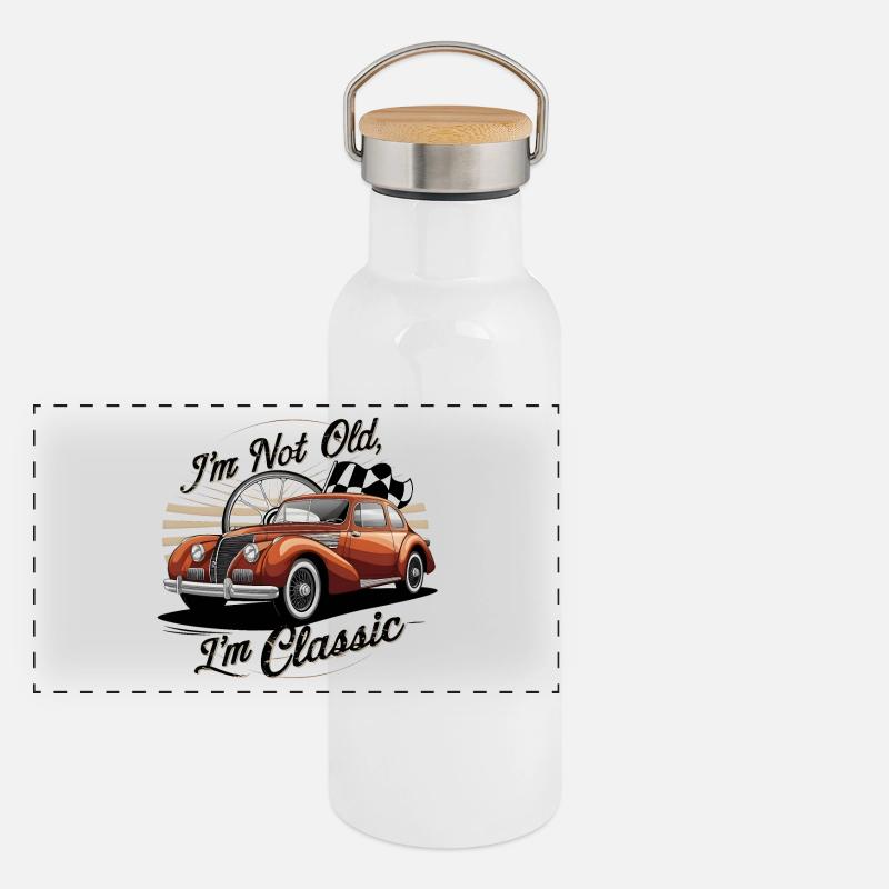 Oldtimer Oldtimer mit Vintage Text Panorama Thermosflasche mit Bambusdeckel