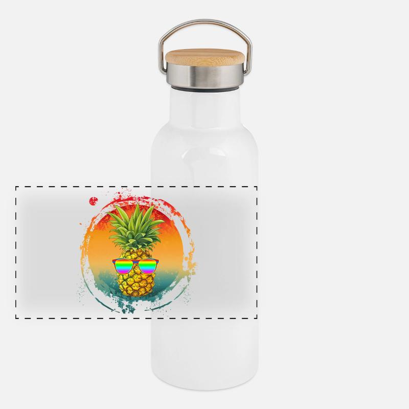 Funny Vintage Summer Pineapple - Panoramic Thermal Bottle with Bamboo Lid - white
