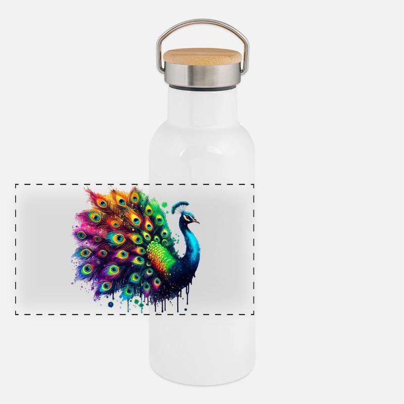 Pfau Panorama Thermosflasche mit Bambusdeckel