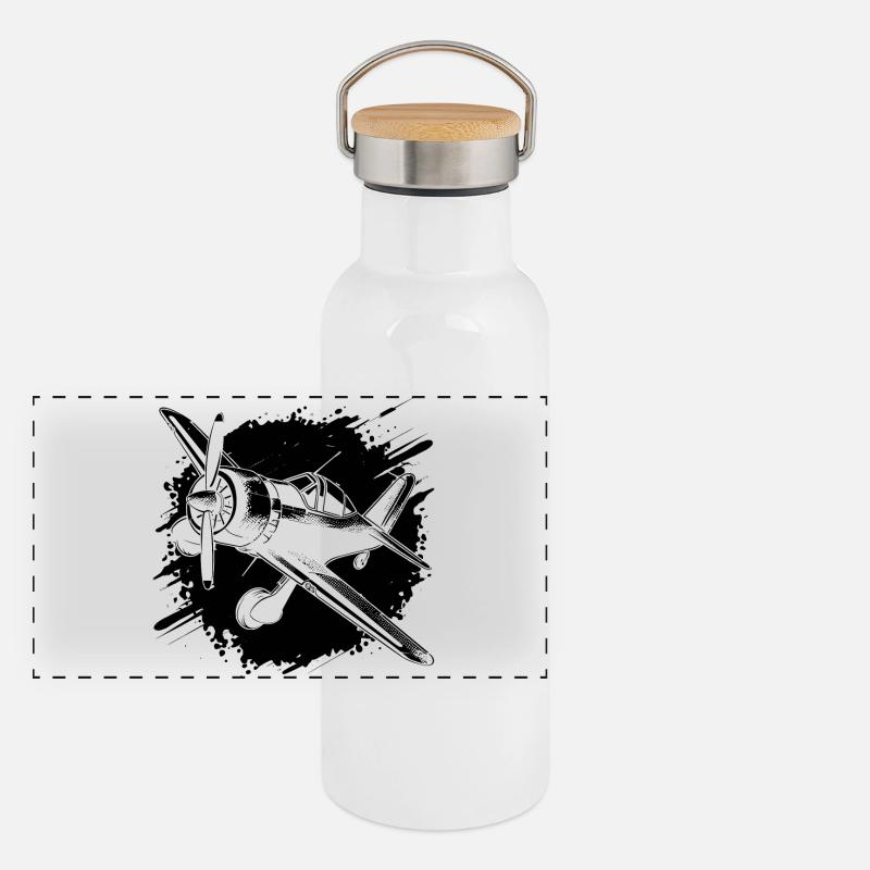 Propeller Airplane Sketch Panoramic Thermal Bottle with Bamboo Lid