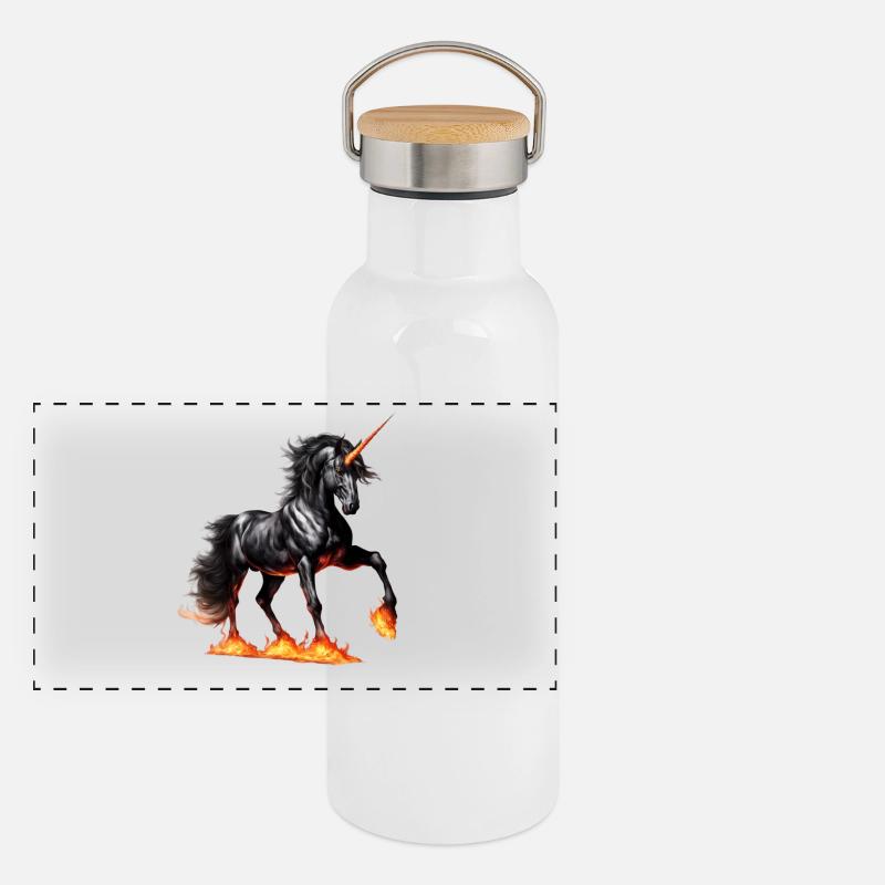 Das mächtige schwarze Einhorn Panorama Thermosflasche mit Bambusdeckel