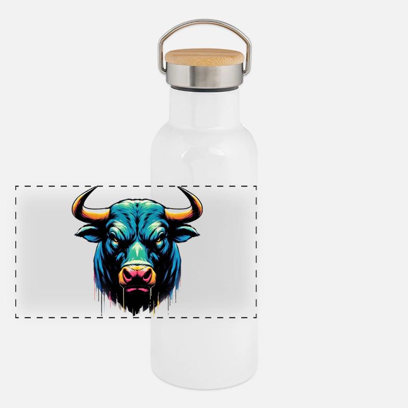 Stier Panorama Thermosflasche mit Bambusdeckel
