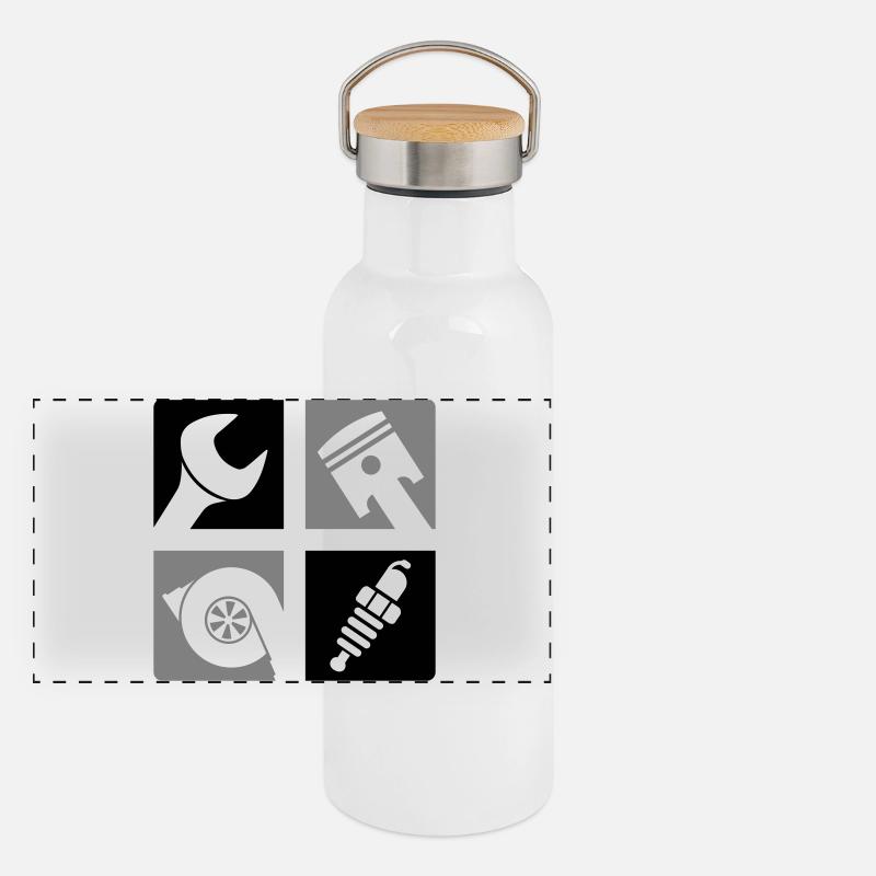 Wrench Piston Turbo Spark Plug Emblem Panoramic Thermal Bottle with Bamboo Lid