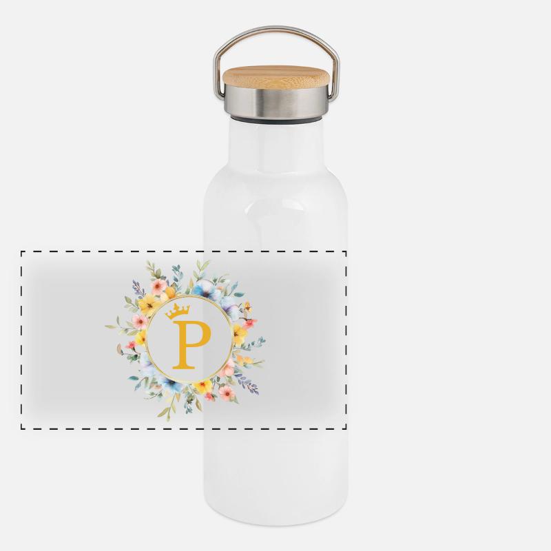 P Monogramme, Cercle De Fleurs, Personnalisable Gourde isotherme avec bouchon en bambou
