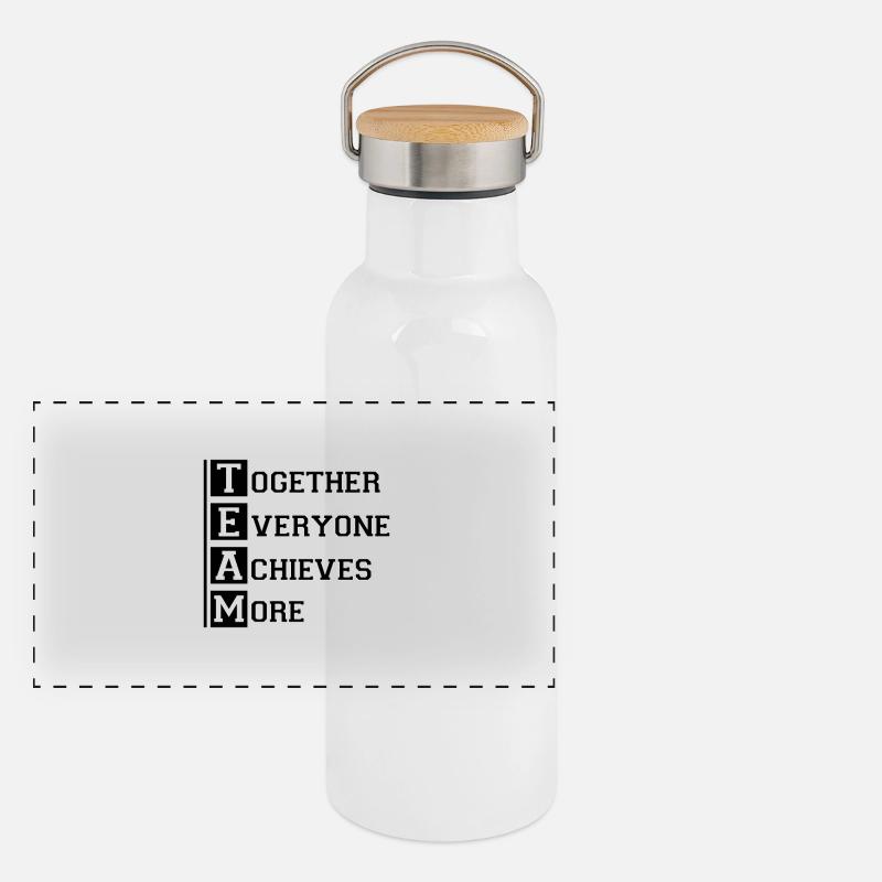 TEAM Together Everyone Achieves More - Panorama Thermosflasche mit Bambusdeckel - Weiß