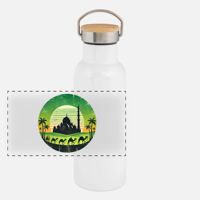 Marrakesch Moschee Kamele Design Panorama Thermosflasche mit Bambusdeckel