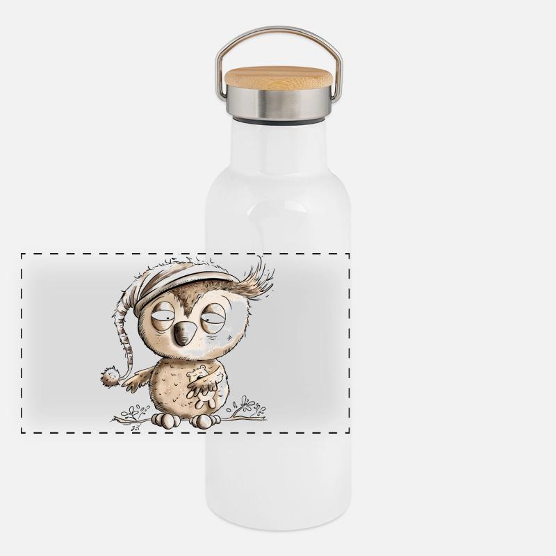 Kleine Nachteule Eule Panorama Thermosflasche mit Bambusdeckel