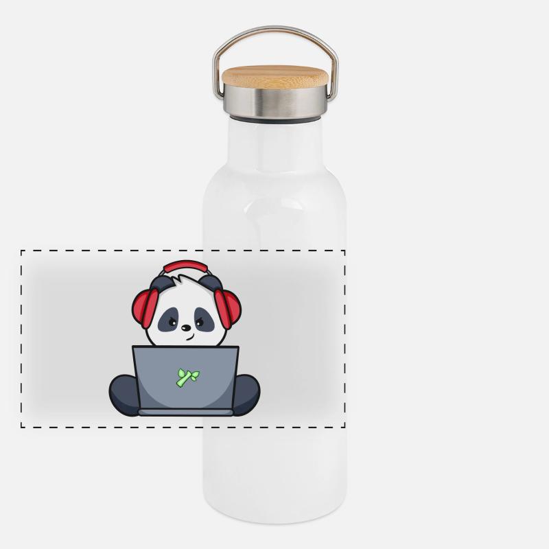 Gaming Panda avec casque jaune Gourde isotherme avec bouchon en bambou