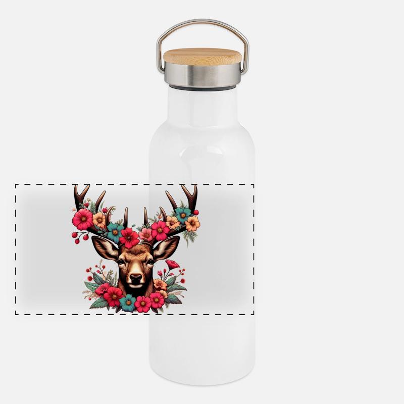 Cerf avec des fleurs Gourde isotherme avec bouchon en bambou