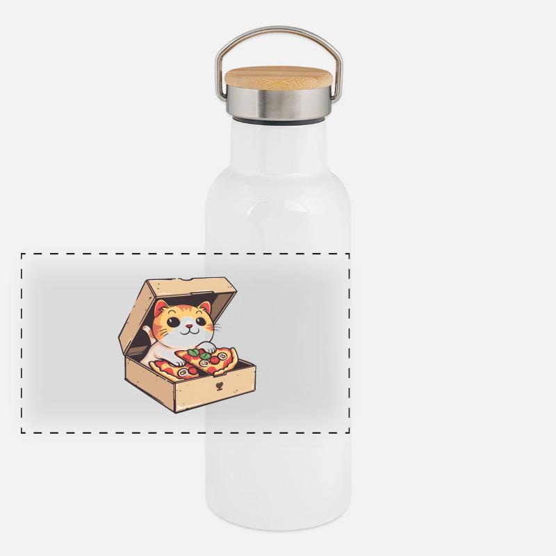 Katze In Einer Pizzaschachtel Mit Einem Pizzastück Panorama Thermosflasche mit Bambusdeckel