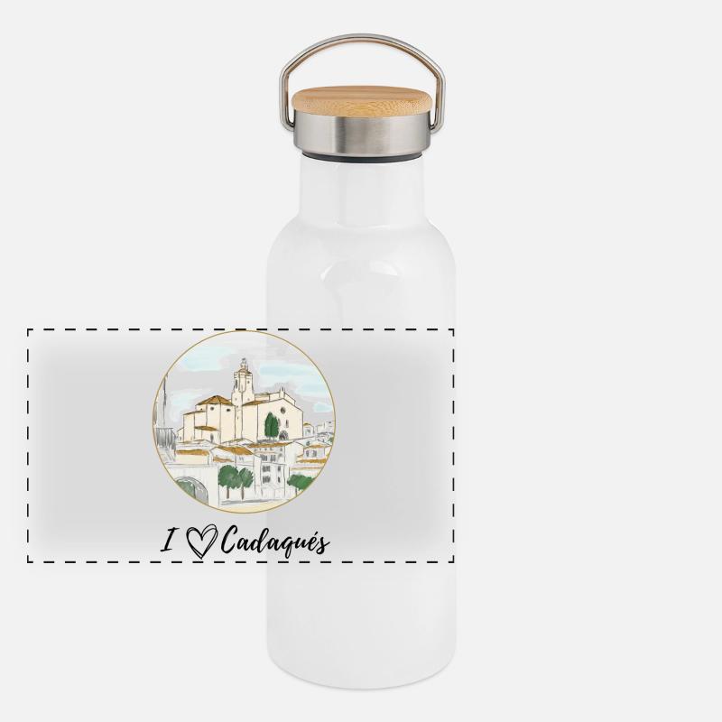 I love Cadaqués Aquarell Panorama Thermosflasche mit Bambusdeckel