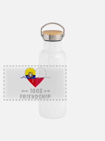 Ecuador und Polen 100% Freundschaft - Panorama Thermosflasche mit Bambusdeckel - Weiß - Vorne