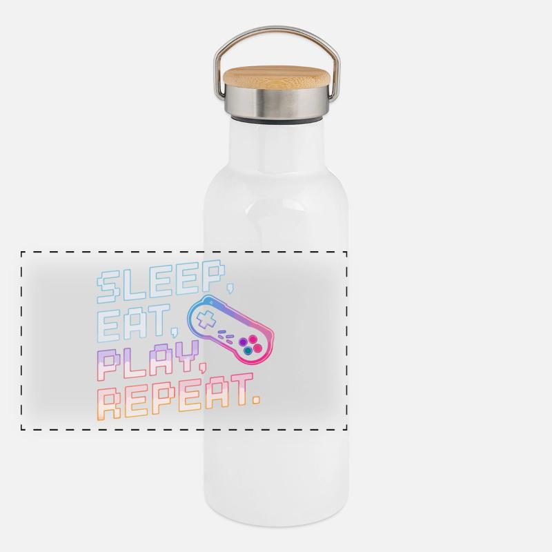 Sleep Eat Play Repeat Gaming Design Panoramic Thermal Bottle with Bamboo Lid