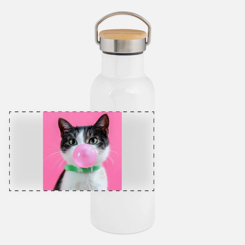 Bubblegum Cat: Cute & Naughty - Panoramic Thermal Bottle with Bamboo Lid - white